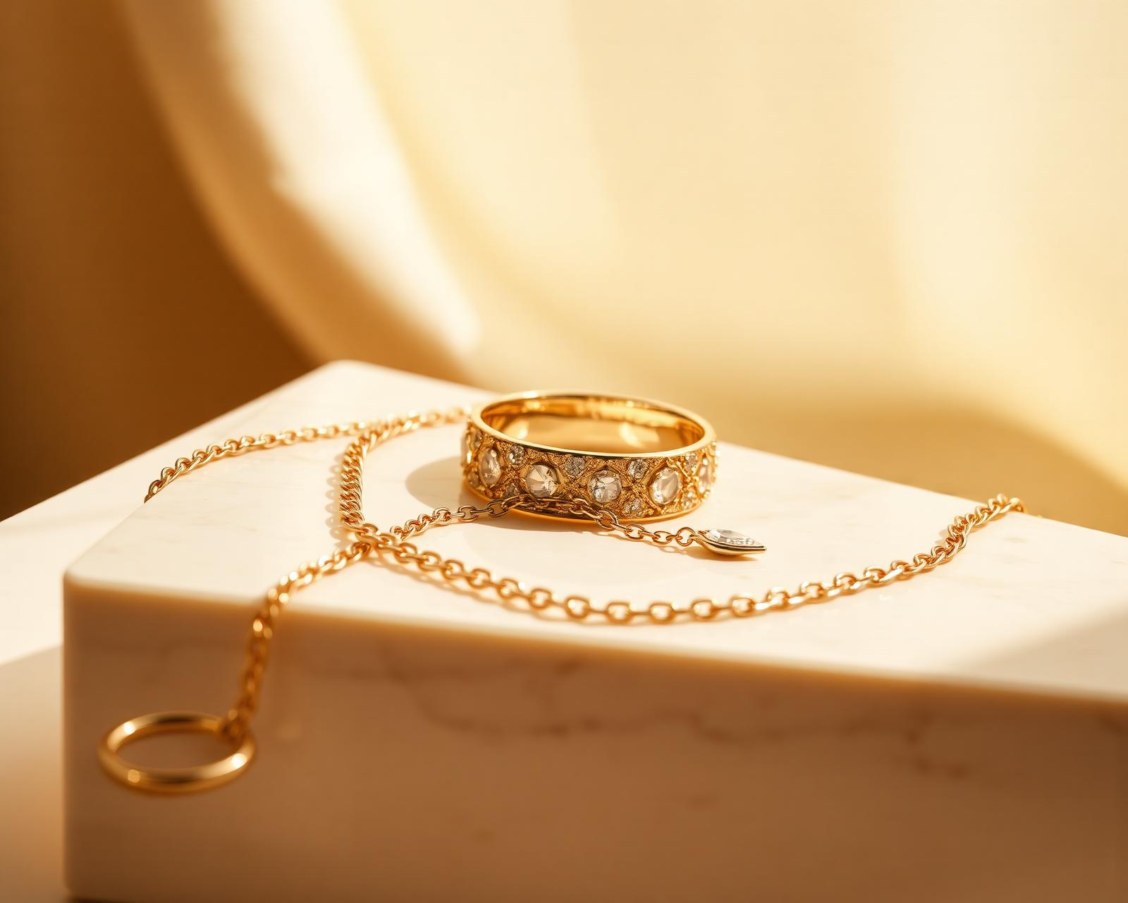 A gold ring and diamond pendant on warm cream marble