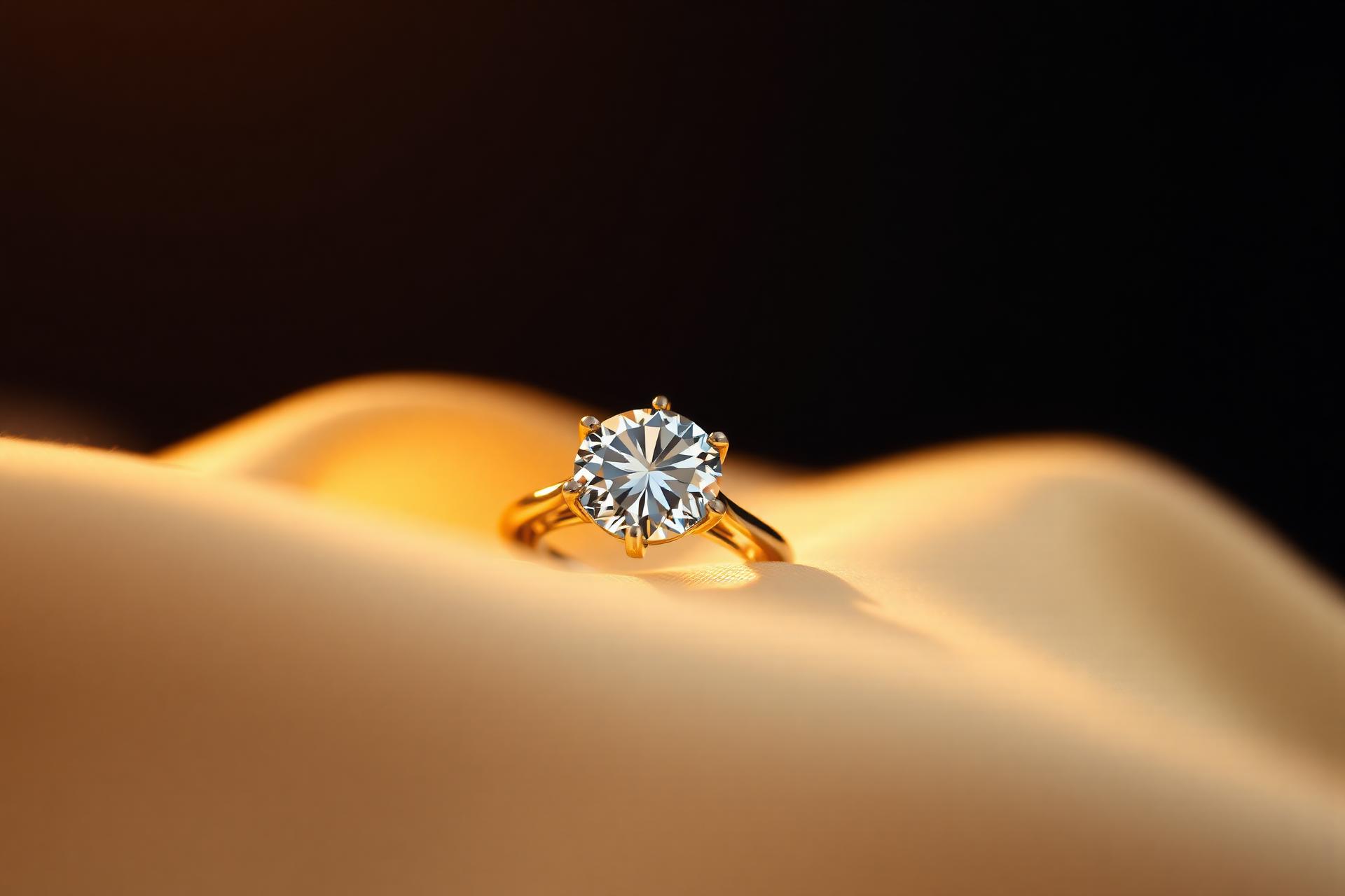 A solitaire diamond ring resting on warm ivory silk under golden light